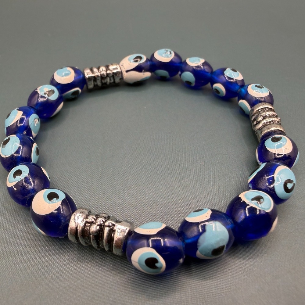 Blue Evil Eye Beaded Stretch Bracelet Silver Tone Nazar Amulet Protection Boho